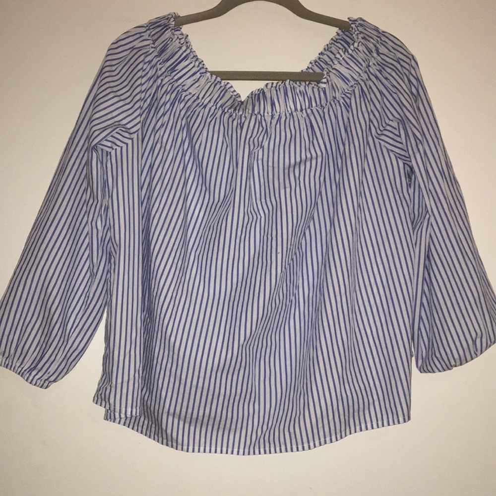 Off the Should Blue and White Striped Shirt